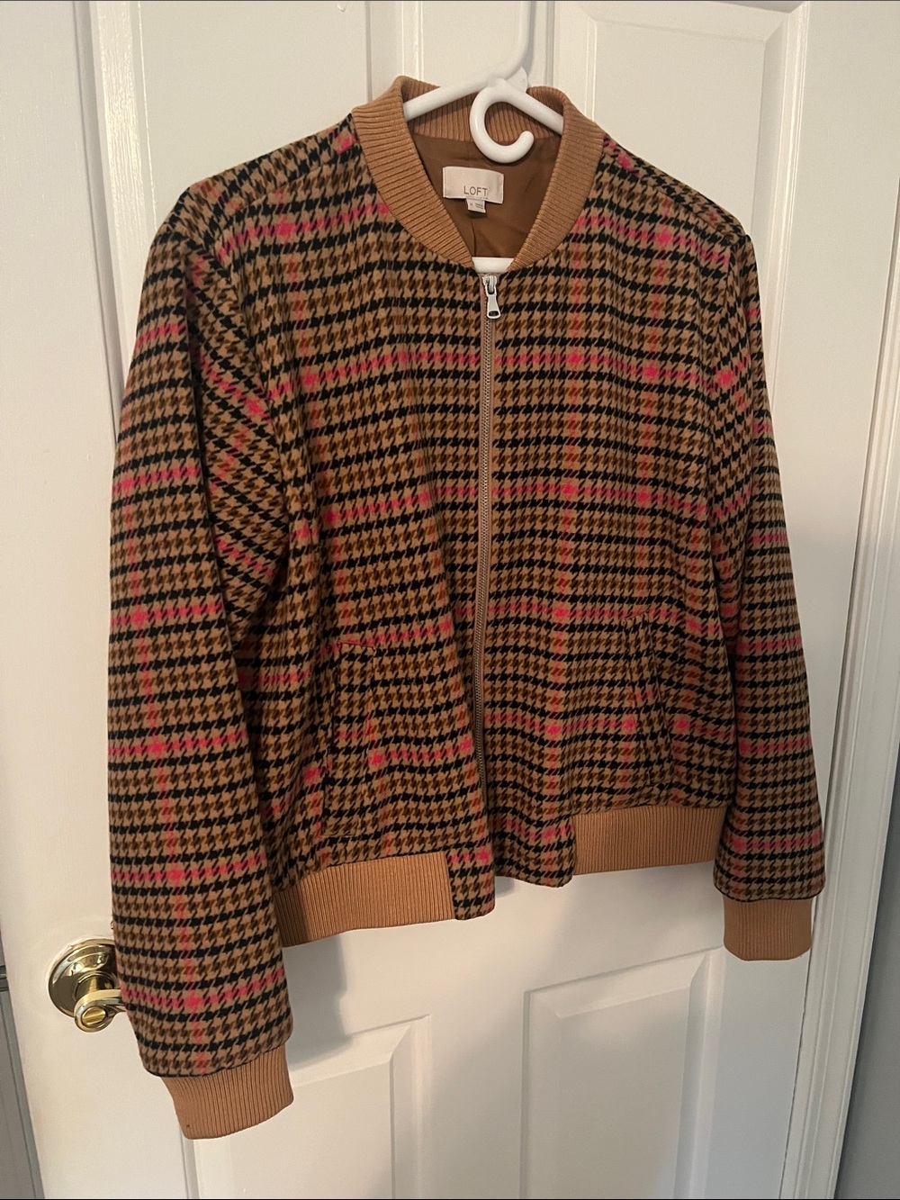 LOFT Camel and Black Houndstooth Bomber Jacket with Pink Highlights